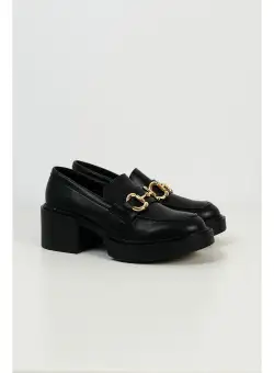 Pantofi Oxford negri cu toc gros si aplicatie metalica