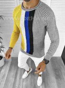 Pulover barbati gros slim fit gri deschis T3578 114-1 U7-2