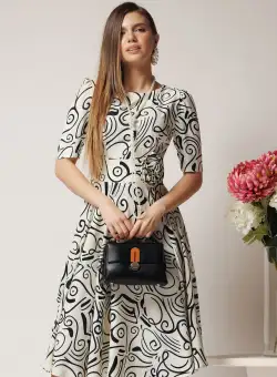 Rochie de zi din voal ivory cu imprimeuri si floare in talie