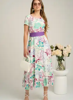 Rochie din viscoza alba cu imprimeu floral mov si cordon in talie