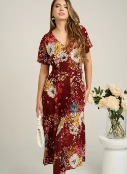 Rochie din viscoza bordo cu imprimeuri florale caramizii