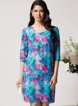 Rochie din viscoza turcoaz cu imprimeuri lila