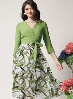 Rochie DY Fashion office din stofa si voal verde cu imprimeu pe fusta