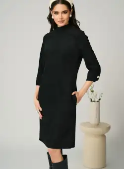 Rochie DY Fashion office din velur neagra simpla cu buzunare
