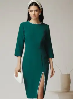 Rochie DY Fashion verde cu perle si crepeu pe fusta