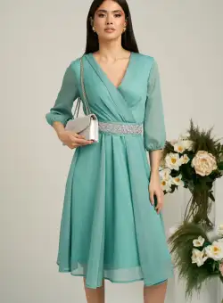 Rochie Dy Fashion verde menta din voal cu fir stralucitor si cordon