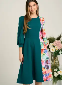 Rochie Ella Collection Dasha de zi din stofa verde cu imprimeu multicolor
