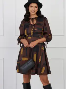 Rochie Ivonne maro cu imprimeuri negre si kaki