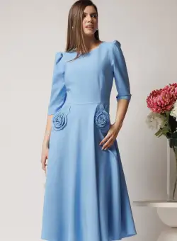 Rochie LaDonna office din stofa bleu cu flori maxi pe buzunare