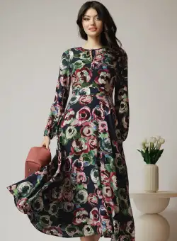 Rochie Moze de zi din viscoza bleumarin cu imprimeuri roz