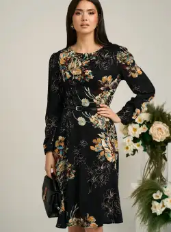 Rochie neagra cu imprimeuri florale bej si curea in talie