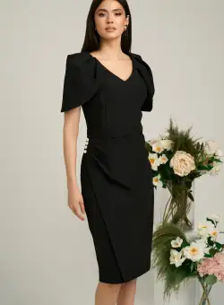 Rochie neagra de ocazie cu maneci lalea si perle pe talie