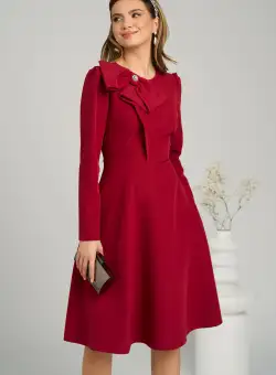 Rochie office din stofa bordo cu funda maxi la bust