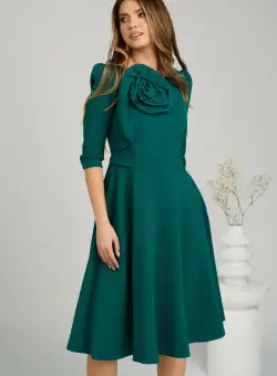 Rochie office din stofa verde cu floare pe bust
