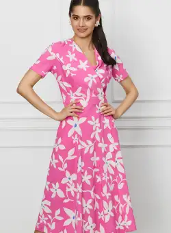 Rochie Romina fucsia cu imprimeuri florale albe
