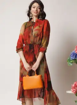 Rochie vaporoasa de zi din voal galben mustar cu imprimeuri orange