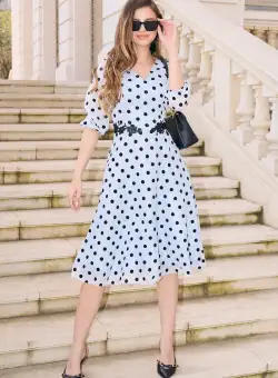 Rochie Viada din voal bleu cu buline si dantela in talie