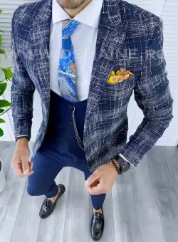 Sacou barbati in carouri slim fit bleumarin B5303 16-1.2
