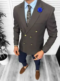 Sacou barbati slim fit 2 randuri de nasturi maro 11853 19-2.3
