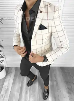Sacou barbati slim fit alb in carouri B8322 P19-2.2