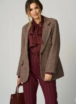 Sacou office din stofa maro cu imprimeu pepit bordo