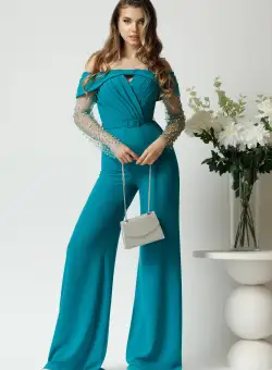Salopeta eleganta din crep turcoaz cu maneci din tull cu strasuri