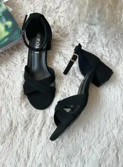 Sandale dama cu toc gros negre piele intoarsa GQ08 N6-3