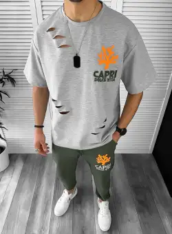 Trening barbati gri/kaki pantaloni + tricou oversize 13029 O4-1.2*