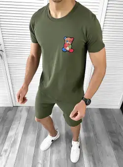 Trening barbati kaki pantaloni + tricou 10591 N7-4.1