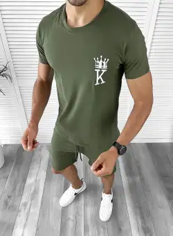 Trening barbati kaki pantaloni + tricou 11698 O2-5.2