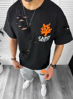 Trening barbati negru oversize cu imprimeu pantaloni + bluza 13029 O4-1.2