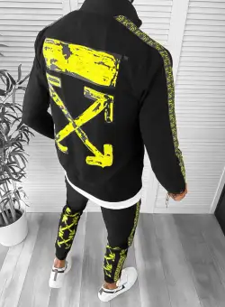 Trening barbati slim fit negru cu galben Pantaloni + Hanorac 12931 I15