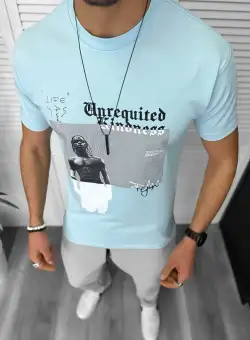 Tricou barbati albastru cu imprimeu slim Y205 22A-4.2
