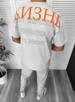 Tricou barbati gri cu imprimeu pe spate oversize Y029 24-4.3
