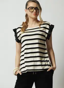 Tricou casual din viscoza negru cu dungi bej si volanase la maneci