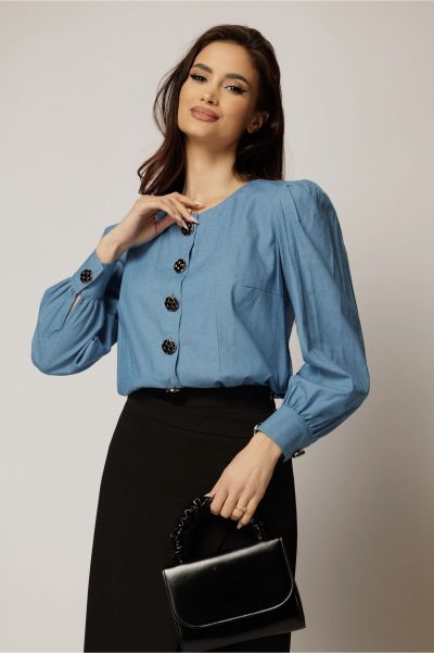 Bluza DY Fashion albastra din bumbac cu maneci lungi si nasturi eleganti