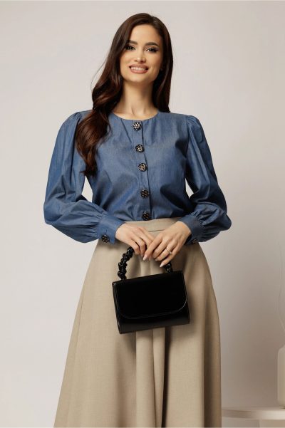 Bluza DY Fashion bleumarin din bumbac cu maneci lungi si nasturi eleganti
