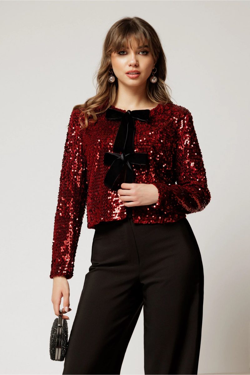 Bolero DY Fashion bordo din catifea cu paiete