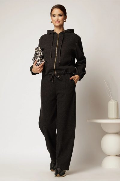 Compleu gri inchis cu adaos de bumbac format din pantalon si bluza cu fermoar
