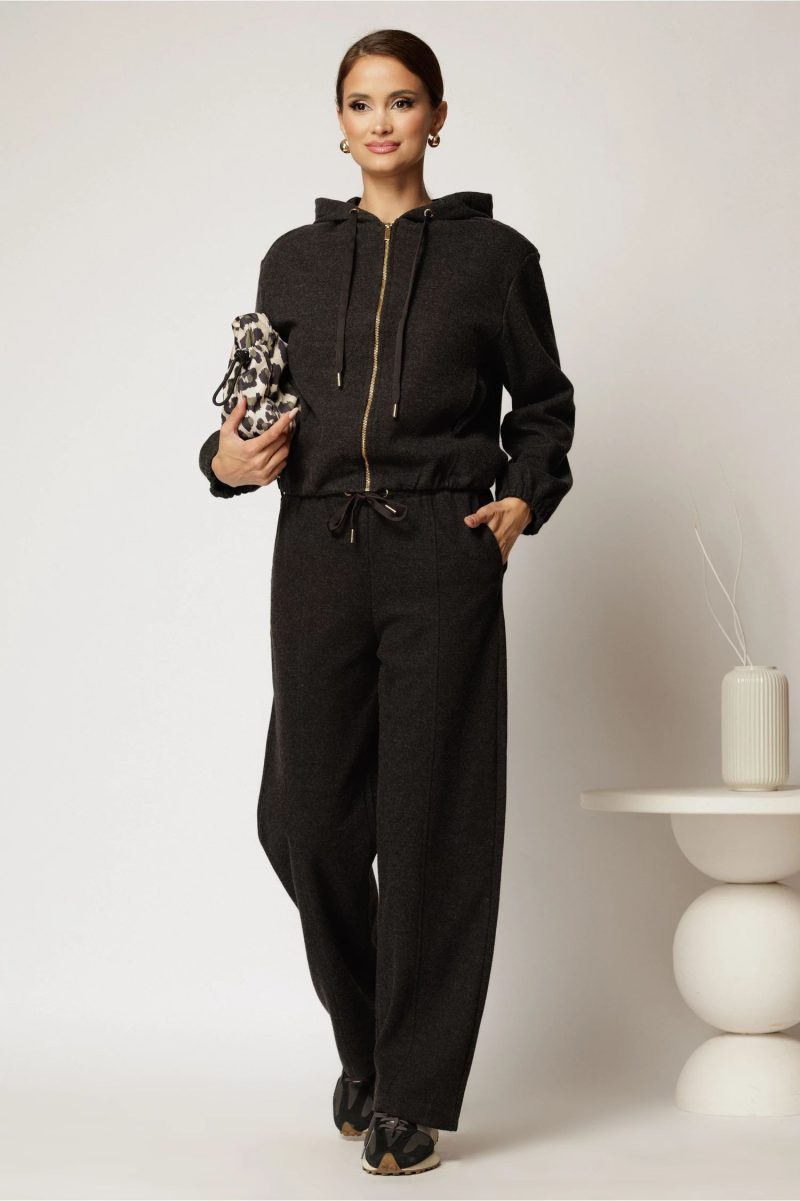 Compleu gri inchis cu adaos de bumbac format din pantalon si bluza cu fermoar