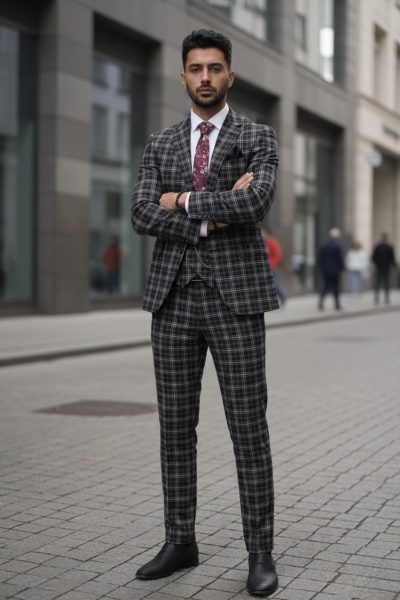 Costum barbati slim fit negru in carouri B7916 124