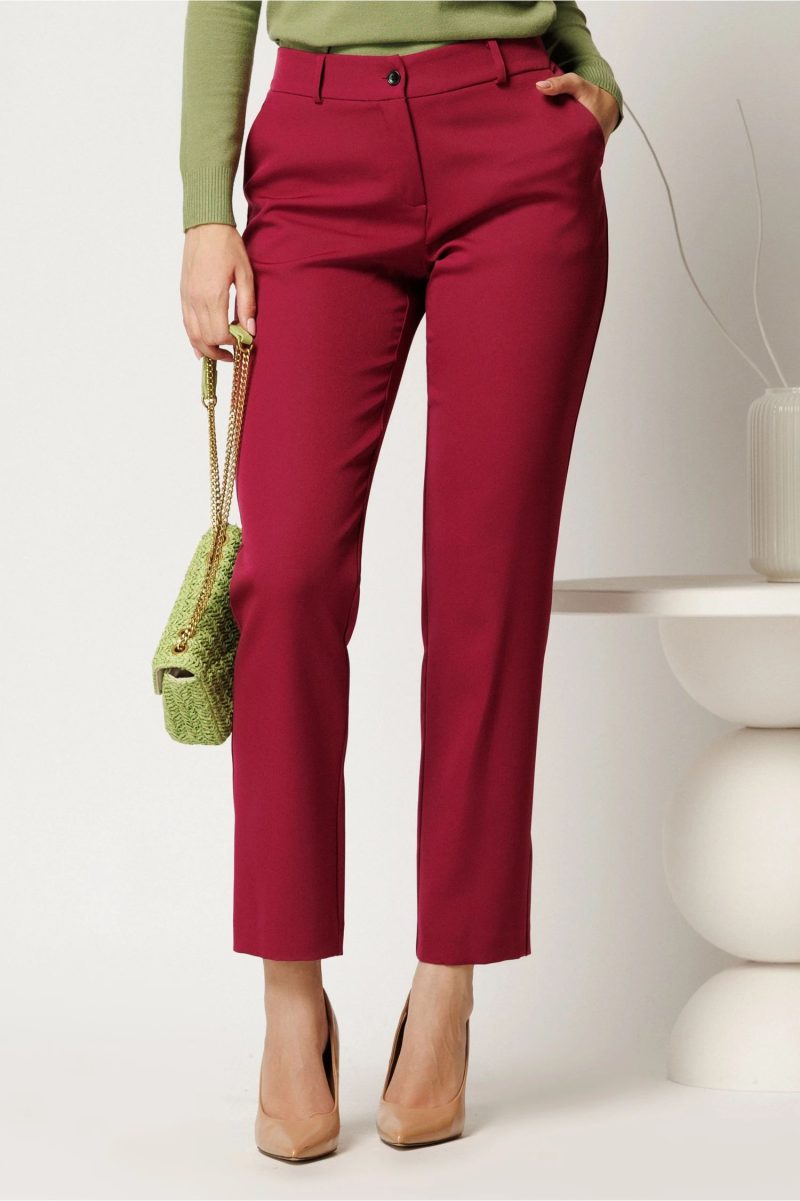 Pantaloni office din stofa magenta simpli cu buzunare