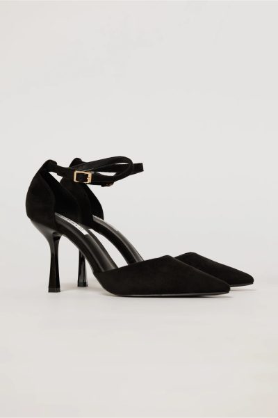 Pantofi eleganti negri aspect catifelat cu bareta si decupaj lateral