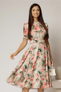 Rochie DY Fashion midi cu imprimeu kaki in clos din triplu voal cu nasturi la bust si curea in talie