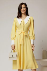 Rochie DY Fashion midi galbena cu guler si mansete in contrast