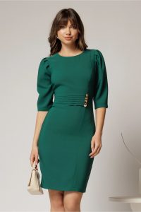 Rochie DY Fashion verde conica cu nasturi aurii pe talie