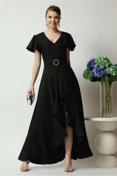 Rochie LaDonna lunga de ocazie din stofa neagra cu volane si cordon in talie
