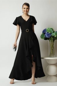Rochie LaDonna lunga de ocazie din stofa neagra cu volane si cordon in talie