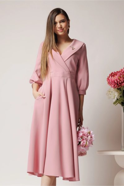 Rochie LaDonna office din stofa roz cu bust petrecut si rever