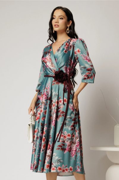 Rochie midi turcoaz cu imprimeu floral si cordon in contrast